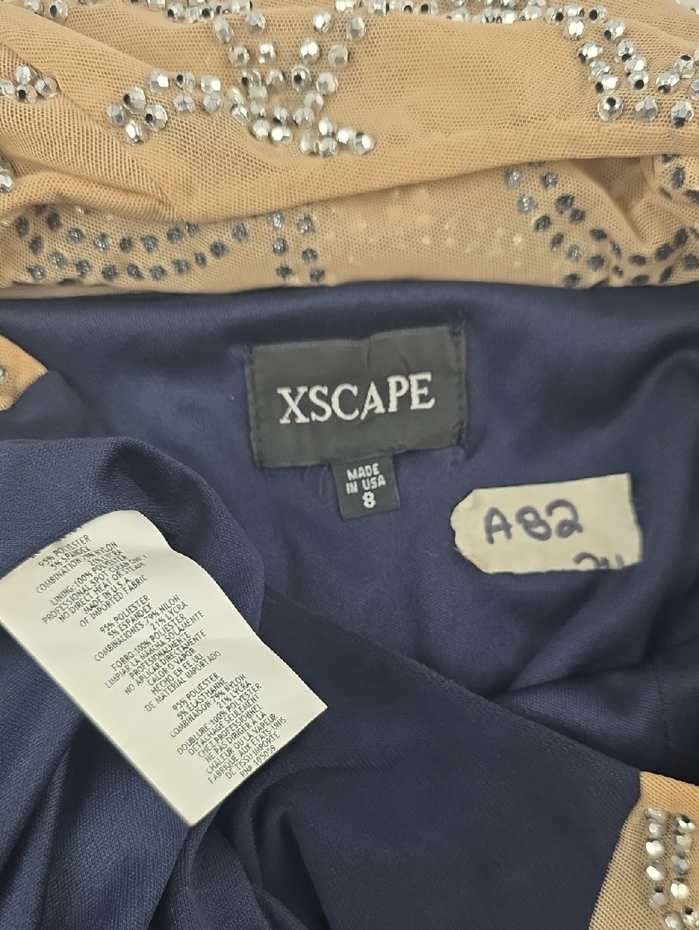 Xscape Elegant Navy Evening Gown with Beaded Illusion Back Size 8 A82 - Picture 5 of 5